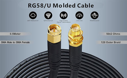 BOOBRIE Upgraded SMA Female to SMA Male 50CM RG58 Upgraded 128 SuperFlex RG58 Upgraded WiFi Antenna Cable SMA Coaxial Cable Male to Female 50ohms SMA Male Female Extension Cable for 3G 4G LTE Low loss Wireless Router