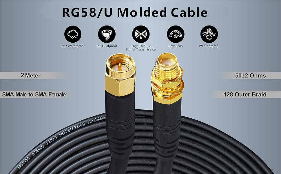 Boobrie Upgraded SMA Extension Cable 2M Molded RG58 Upgraded 128 SMA Male to SMA Female Cable RG58 Upgraded SMA WiFi Antenna Extension Cable 50ohm SMA Coaxial Pigtail for 3G 4G LTE Low Loss WiFi Wireless Router GPS