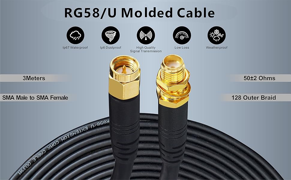 Boobrie Upgraded 3M SMA Extension Cable Molded RG58 Upgraded 128 SuperFlex RG58 Pro SMA Male to SMA Female Coax Cable WiFi Antenna SMA 50ohms SMA Male to Female Connector for 3G 4G LTE Low Loss WiFi Antenna LAN