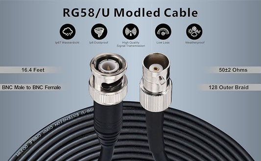 Boobrie BNC Male to BNC Female Cable 16.4ft RG58 Upgraded 128 BNC Extension Cable Low Loss 50 ohm BNC Male to Female HD Video Coax Jumper for CB Radio VHF UHF Ham Radio CCTV SDI Lead