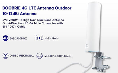 BOOBRIE 10-12dBi 4G Antenna Outdoor Dual SMA Male with 16.4ft RG174 Cable High Gain 698-2700MHz 3G/4G LTE White OmniDirectional Outdoor Mount Antenna for Cellular 4G LTE Router Mobile Hotspot Wireless