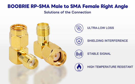 BOOBRIE RP-SMA 90 Degree Adapter RP-SMA Male to SMA Female Right Angle Connector Gold Plated SMA RF Coaxial Connector Elbow for FPV Antenna,Radios,Broadcast Pack of 2