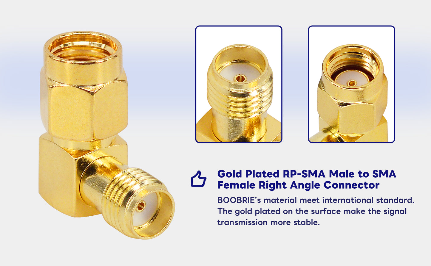 BOOBRIE RP-SMA 90 Degree Adapter RP-SMA Male to SMA Female Right Angle Connector Gold Plated SMA RF Coaxial Connector Elbow for FPV Antenna,Radios,Broadcast Pack of 2