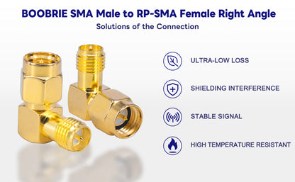 Boobrie 2-Pack SMA 90 Degree Adapter SMA Male to RP-SMA Female Right Angle Connector SMA Elbow RF Coax Adapter for FPV Drone Wi-Fi Antenna Signal Booster Repeaters Radio