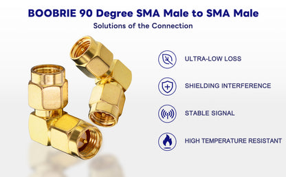 Boobrie SMA Coax Adapter SMA 90 Degree Connector SMA Male to SMA Male Right Angle Adapter Gold-Plated SMA Cable Adapter SMA Male Plug (Pin) Connector for WiFi/Two-Way Radio/FPV Drone etc Pack of 2