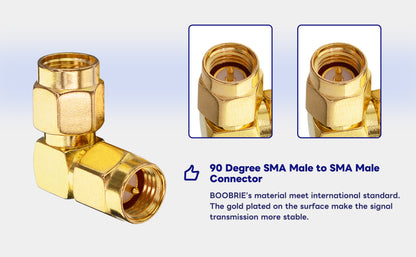 Boobrie SMA Coax Adapter SMA 90 Degree Connector SMA Male to SMA Male Right Angle Adapter Gold-Plated SMA Cable Adapter SMA Male Plug (Pin) Connector for WiFi/Two-Way Radio/FPV Drone etc Pack of 2